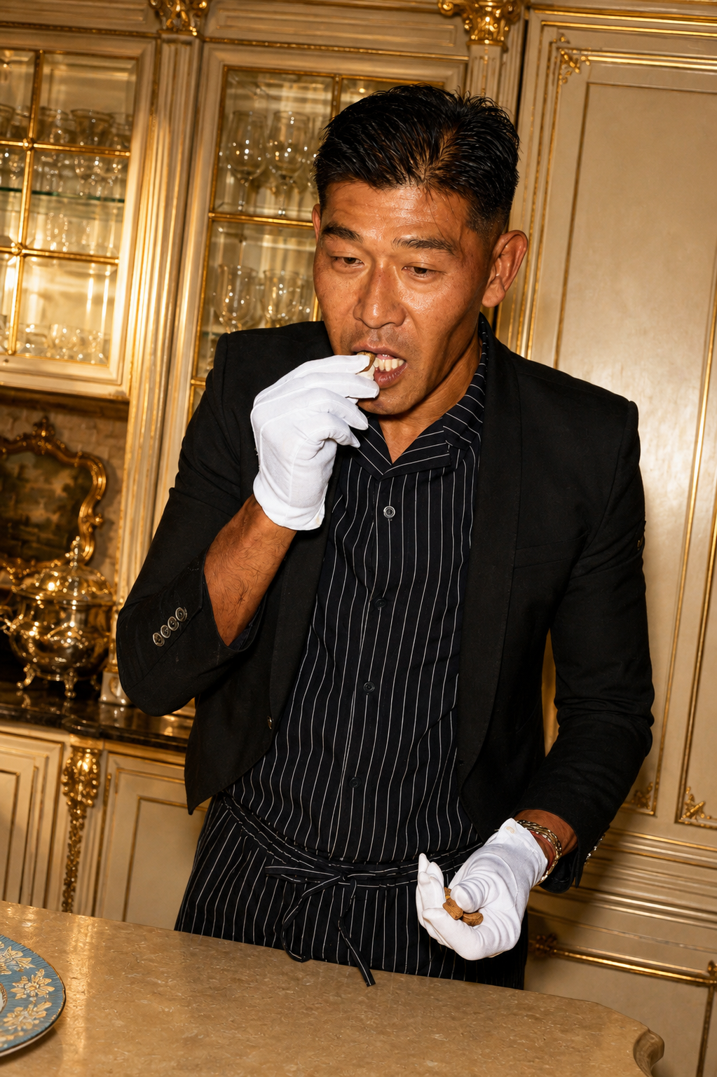 The Butler tasting a Butler's Functional Dog Treat biscuit in the Manor kitchen