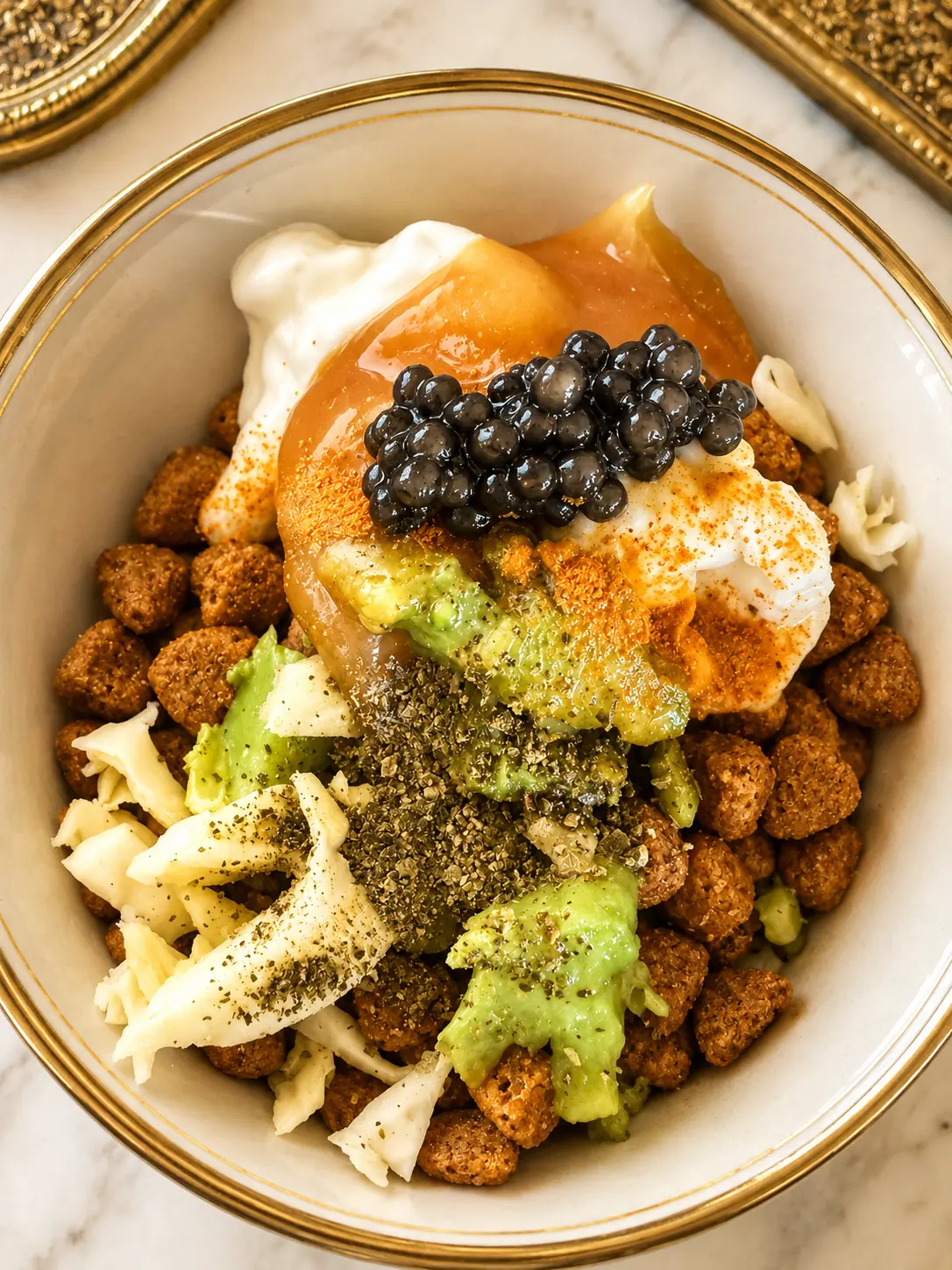 A breakfast bowl finished with caviar, yoghurt and green toppers