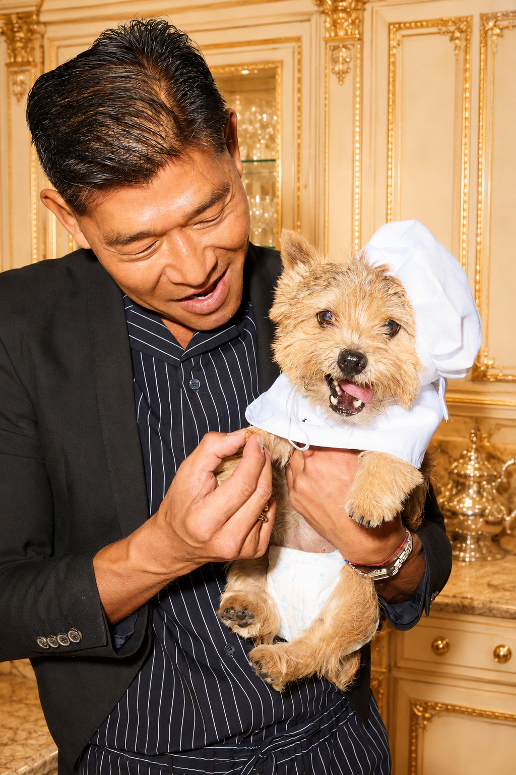 The Butler holding Lady Petunia in a chef's hat as she tastes a freshly baked treat