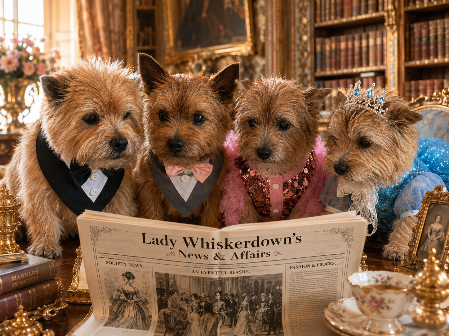 The Quartet reading Lady Whiskerdown's News & Affairs in the library