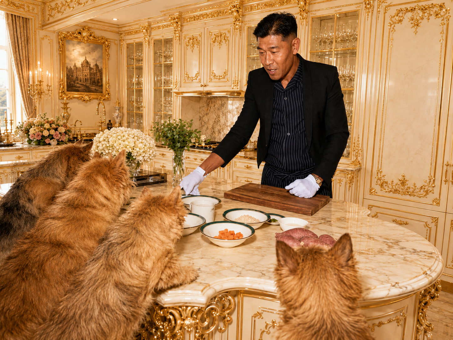The Quartet watching the Butler prepare ingredients for the first batch of treats in the Manor kitchen