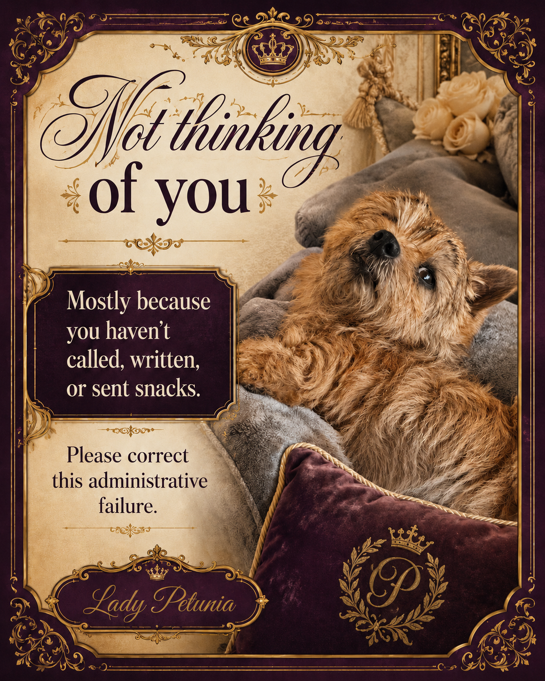 Postcard from Lady Petunia: Not thinking of you