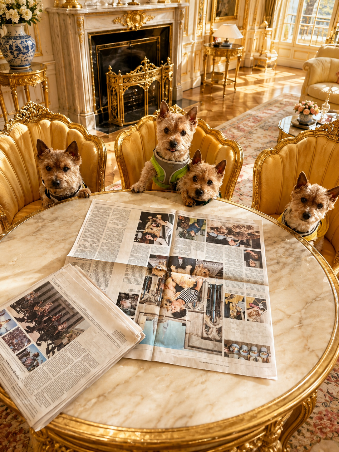 The Quartet gathered around the marble table with The New York Times spread before them in the Manor parlor