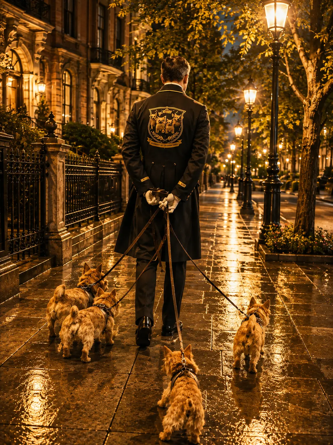 The Butler walking the four Norwich Terriers along a lamplit street at night