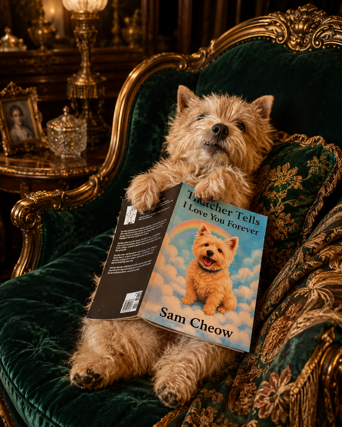 Lady Petunia resting on a green velvet armchair with the Thatcher Tells book