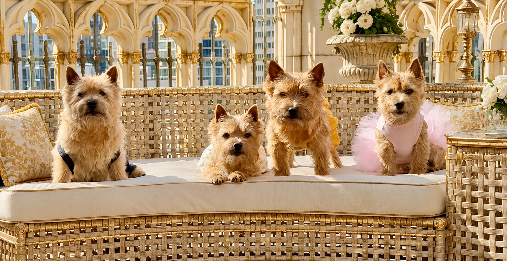 The four Norwich Terriers seated together on a gilded wicker sofa on a sunlit Gothic terrace