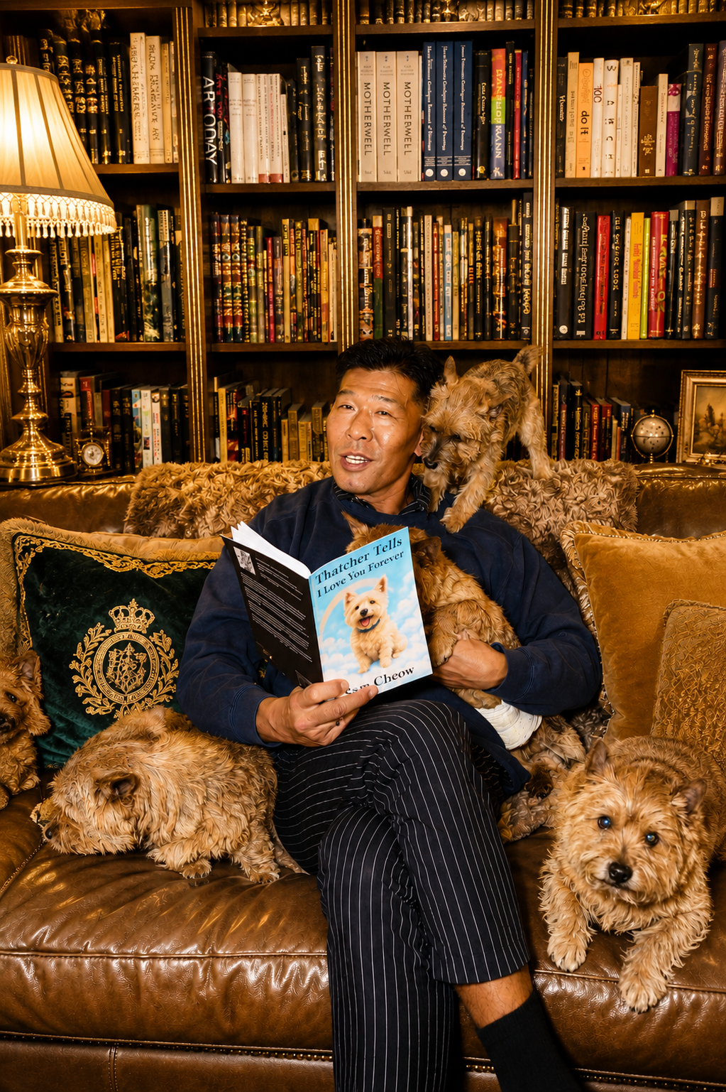 The Butler reading Thatcher Tells: I Love You Forever aloud to the Quartet on the library sofa