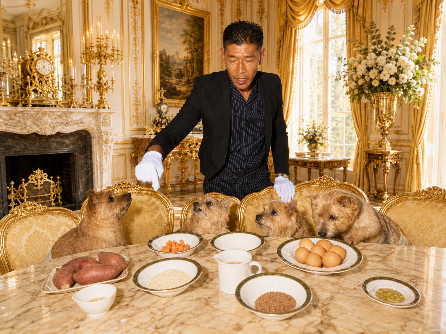 The Butler presenting ingredients to the Quartet at the Manor table