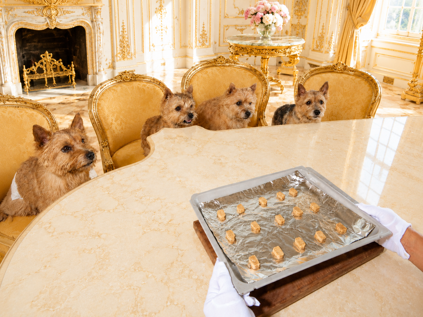 The Butler presenting a tray of freshly baked treats for the Quartet's inspection