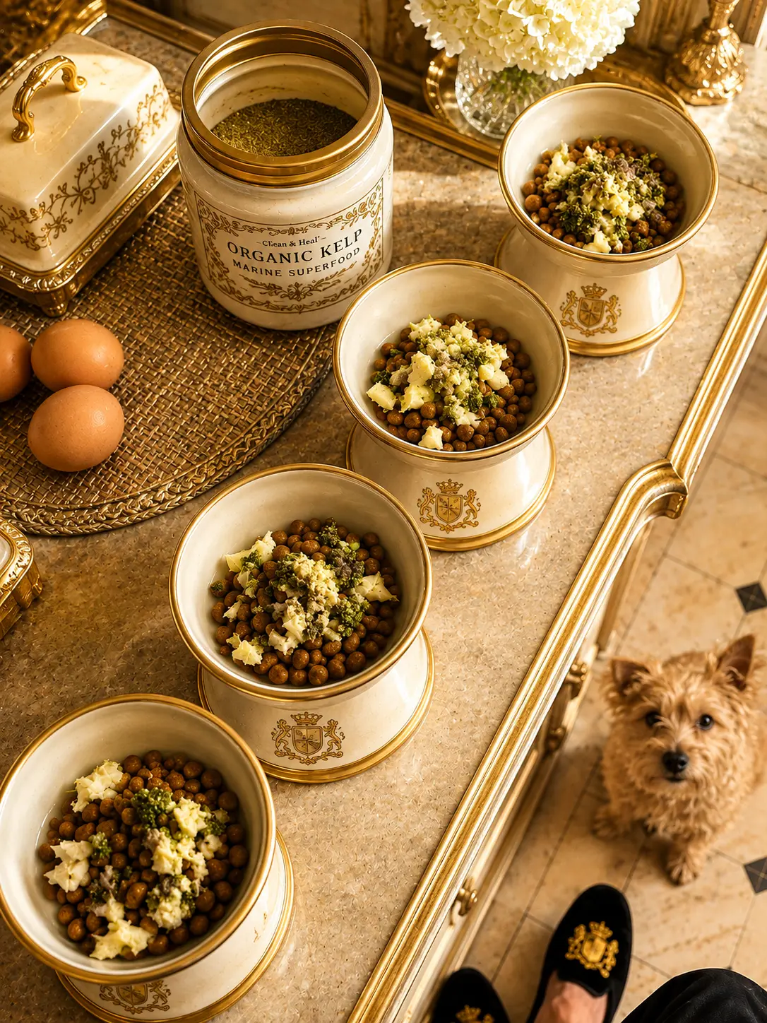 Bowls of the Quartet's breakfast laid out with organic kelp and eggs on the Manor counter
