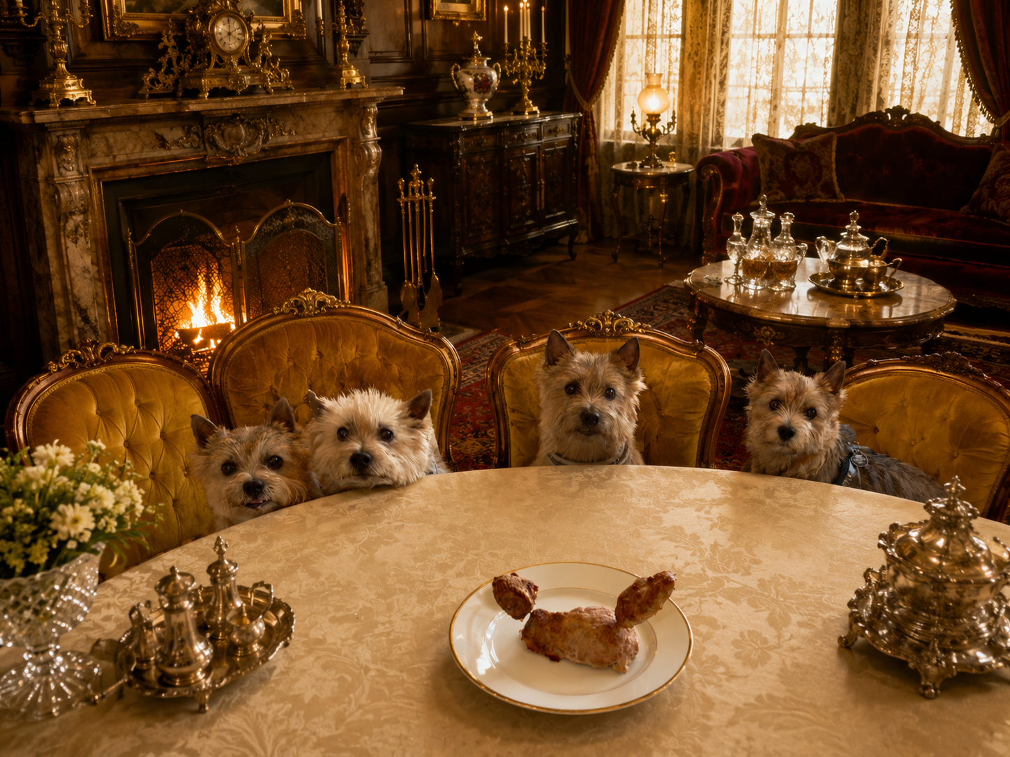 The Quartet at the dining table with Paddington's birthday turkey squirrel cake