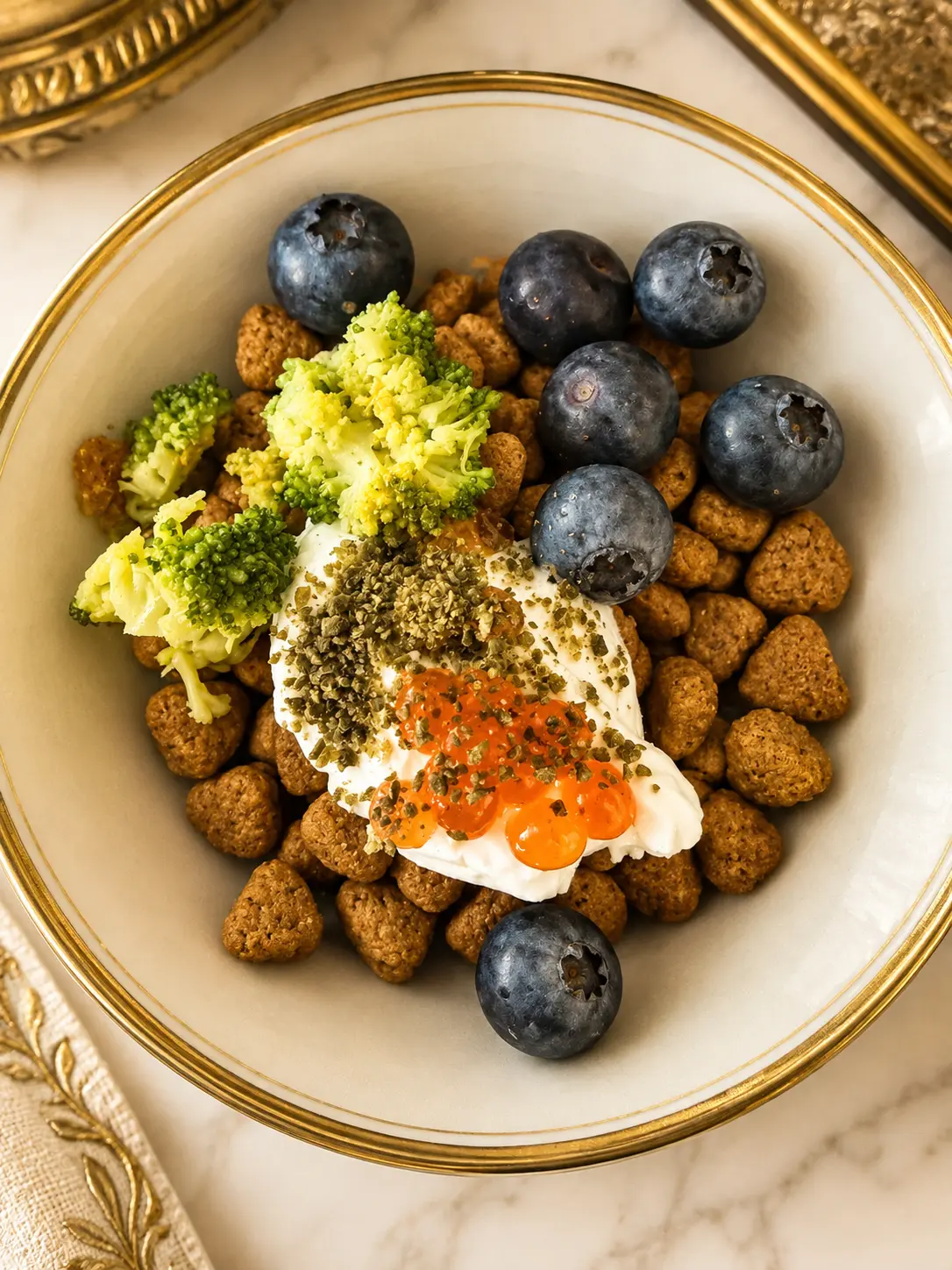 A breakfast bowl with blueberries, broccoli, yoghurt and kelp