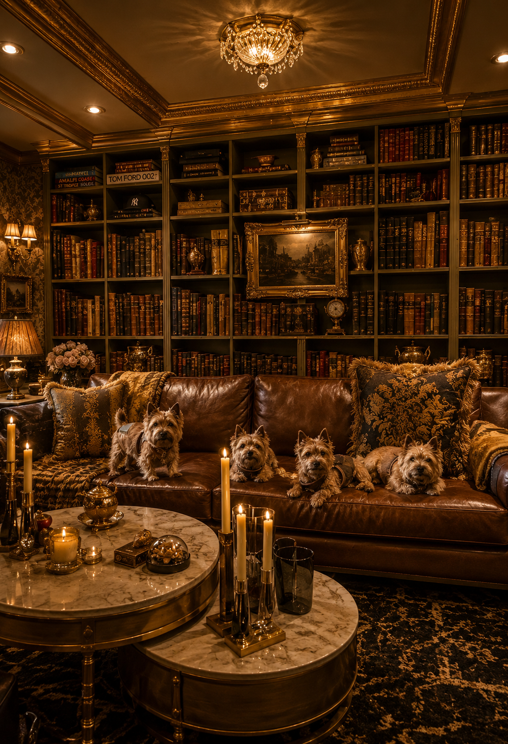 Informal group portrait of all four Norwich Terriers