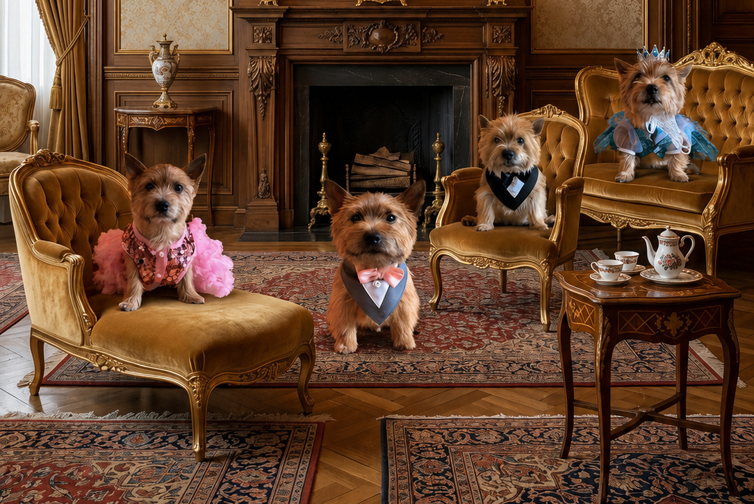 The Quartet of Gotham City seated on gilded chairs in the Manor's drawing room